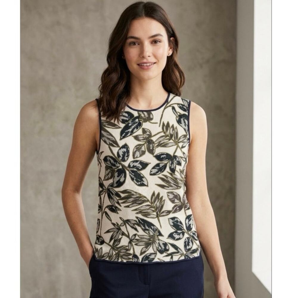 J Crew Gold Foil Leaf Print Sleeveless Top Blouse Textured Mesh Zip Back resort
